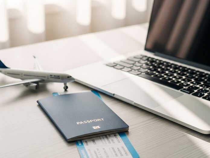 Computer, plane ticket, passport
